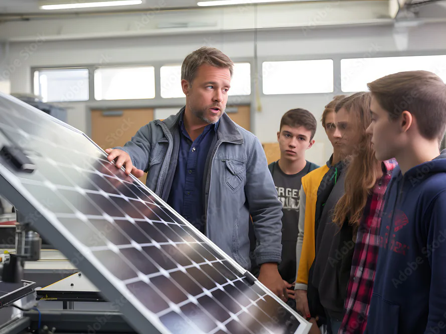Un docente mostra un pannello fotovoltaico a un gruppo di studenti in un laboratorio attrezzato